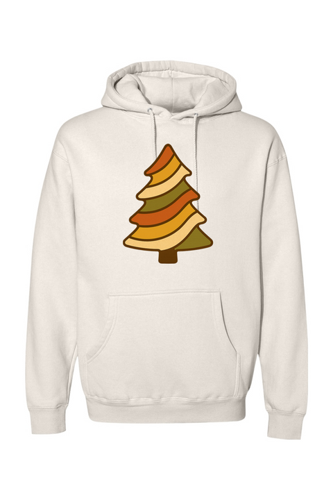 Beige vintage Christmas hoodie with a retro wavy Christmas tree design cute trendy holiday long sleeve hooded sweatshirt