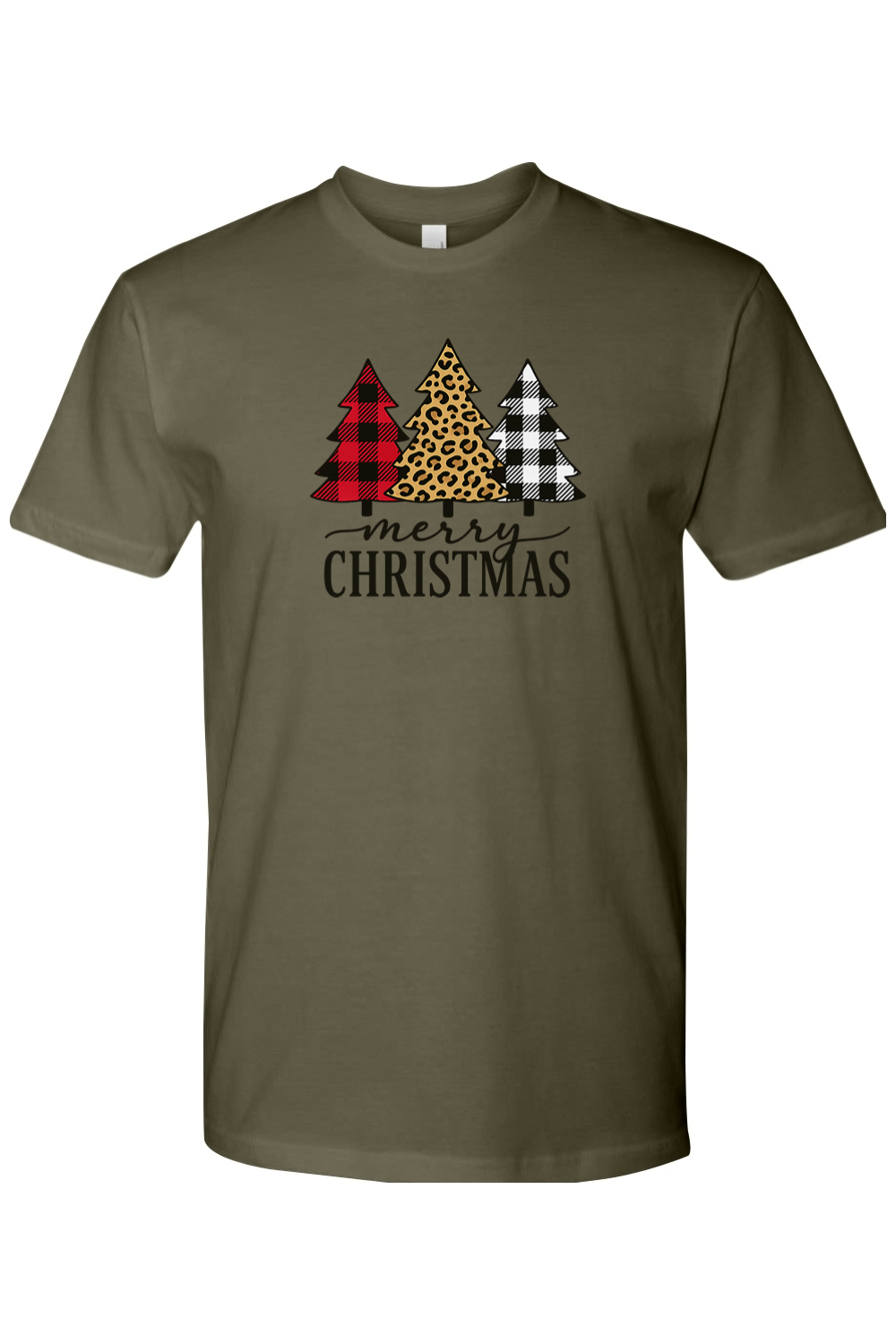 Olive green Christmas t-shirt with plaid and leopard print Christmas trees design and "Merry Christmas" text festive trendy holiday short sleeve shirt