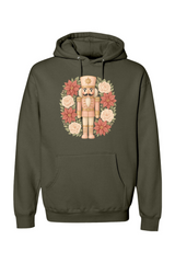 Olive green Christmas hoodie with a poinsettia nutcracker wreath design trendy cute holiday long sleeve hooded sweatshirt