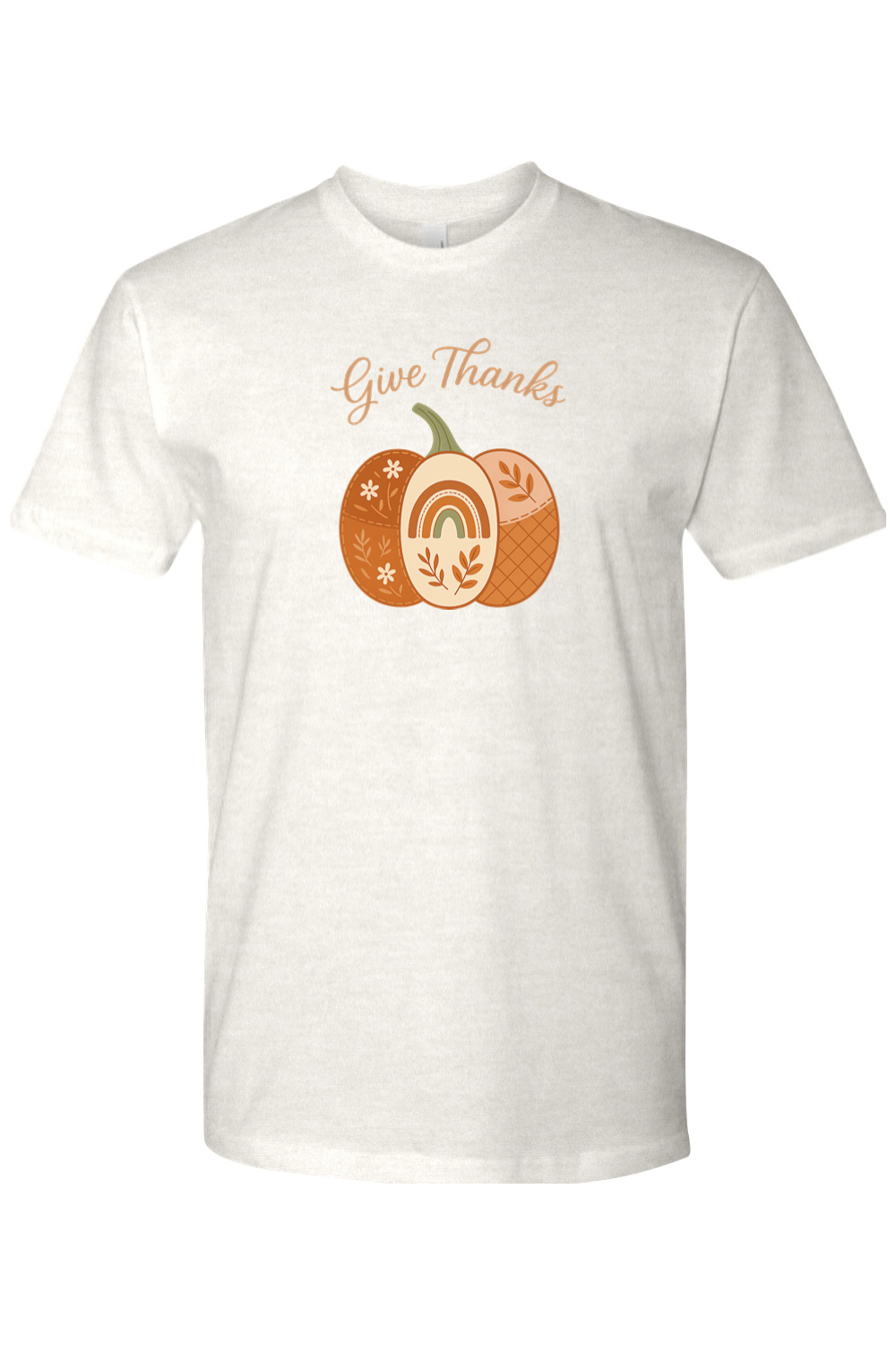 Light cream Thanksgiving t-shirt with "Give Thanks" text and a patchwork floral leaves rainbow pumpkin design cute vintage trendy fall holiday short sleeve shirt