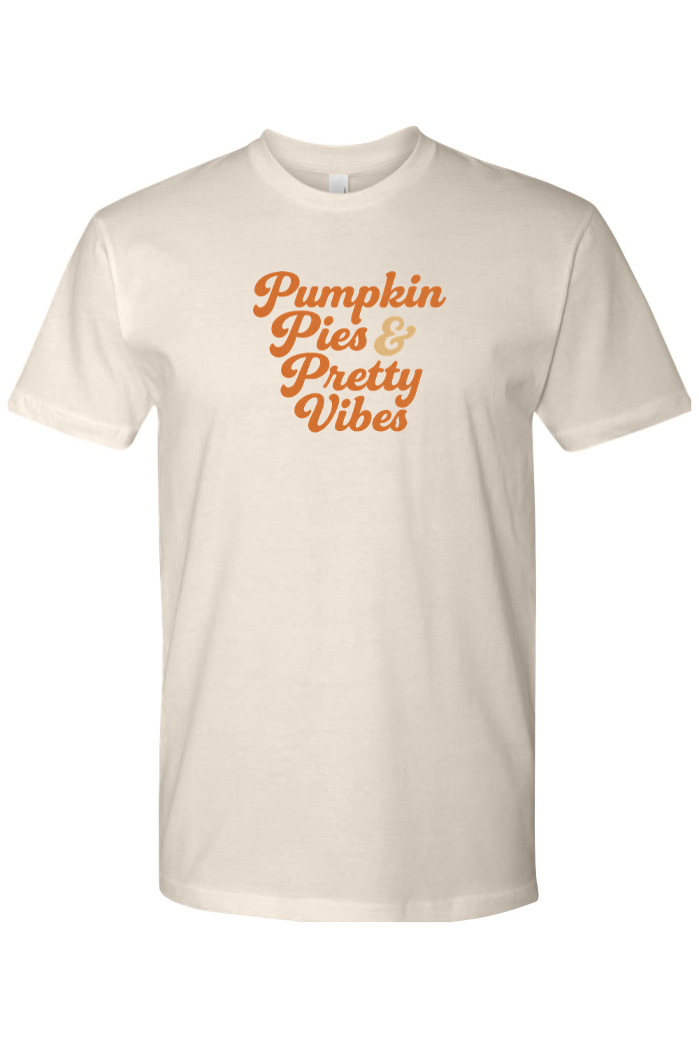 Cream Beige Thanksgiving t-shirt with "Pumpkin Pies & Pretty Vibes" text in a cursive font cute trendy fall holiday short sleeve shirt