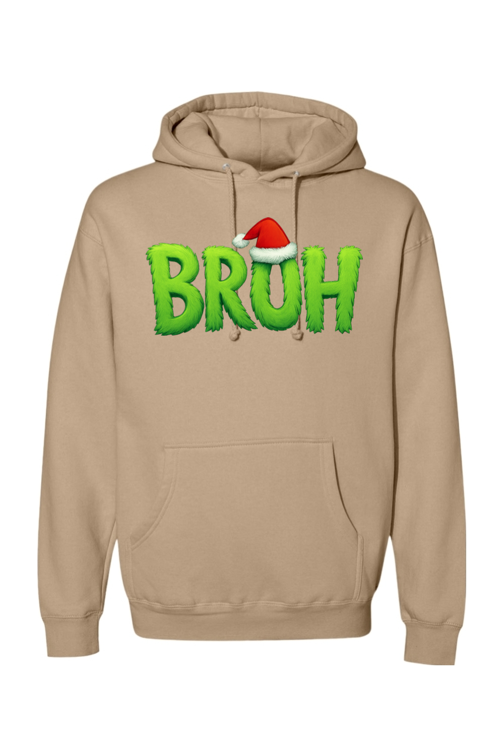 Dark beige Christmas hoodie with "BRUH" text with a Santa hat design funny holiday humor long sleeve hooded sweatshirt