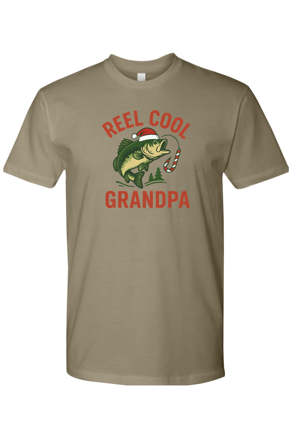 Olive green Christmas t-shirt with "Reel Cool Grandpa" text in red with a fish in a Santa hat design and candy cane hook design festive fishing grandparent grandfather holiday short sleeve shirt