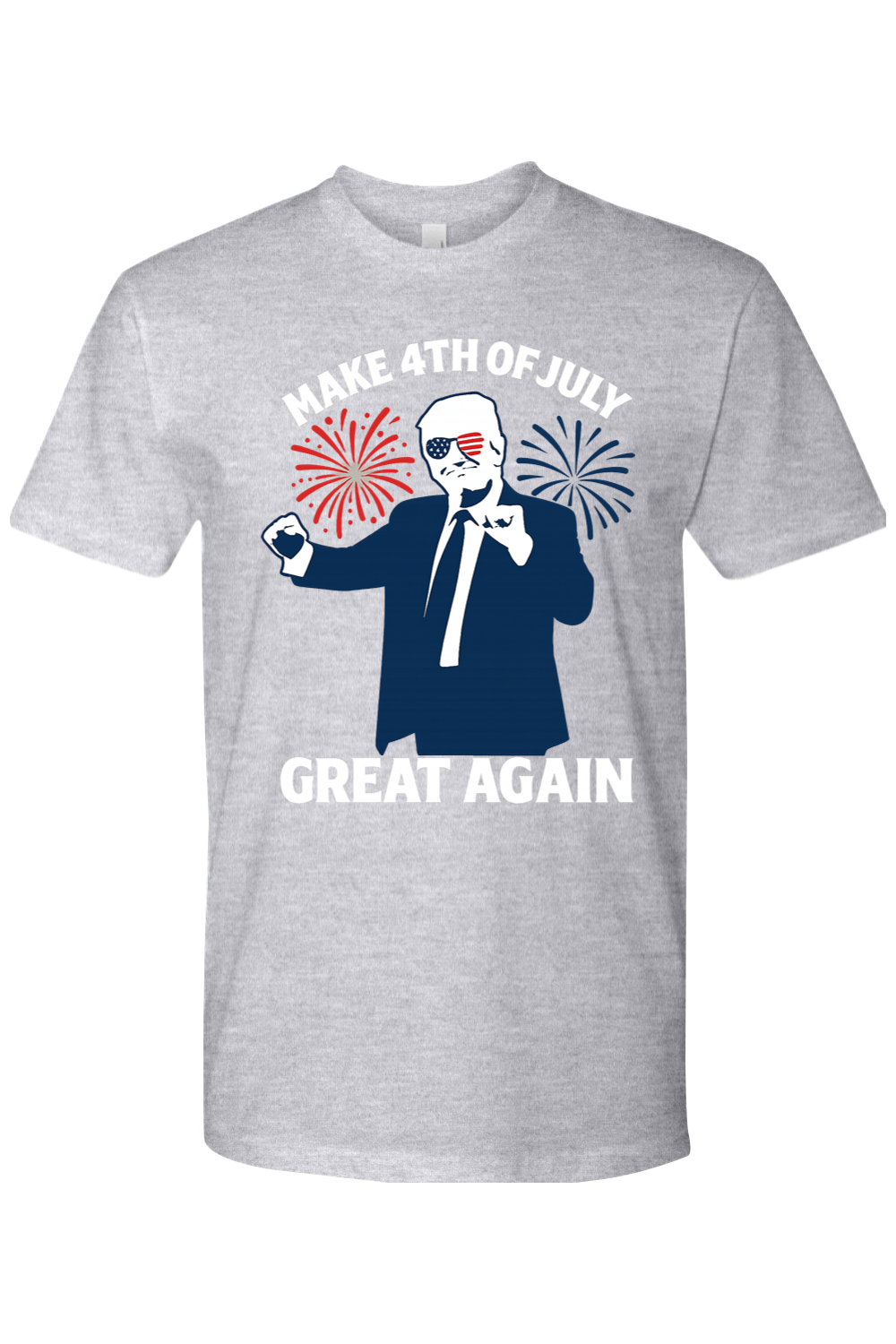 Gray t-shirt with graphic design of Donald Trump dancing with the text "Make 4th of July Great Again" and fireworks behind him.