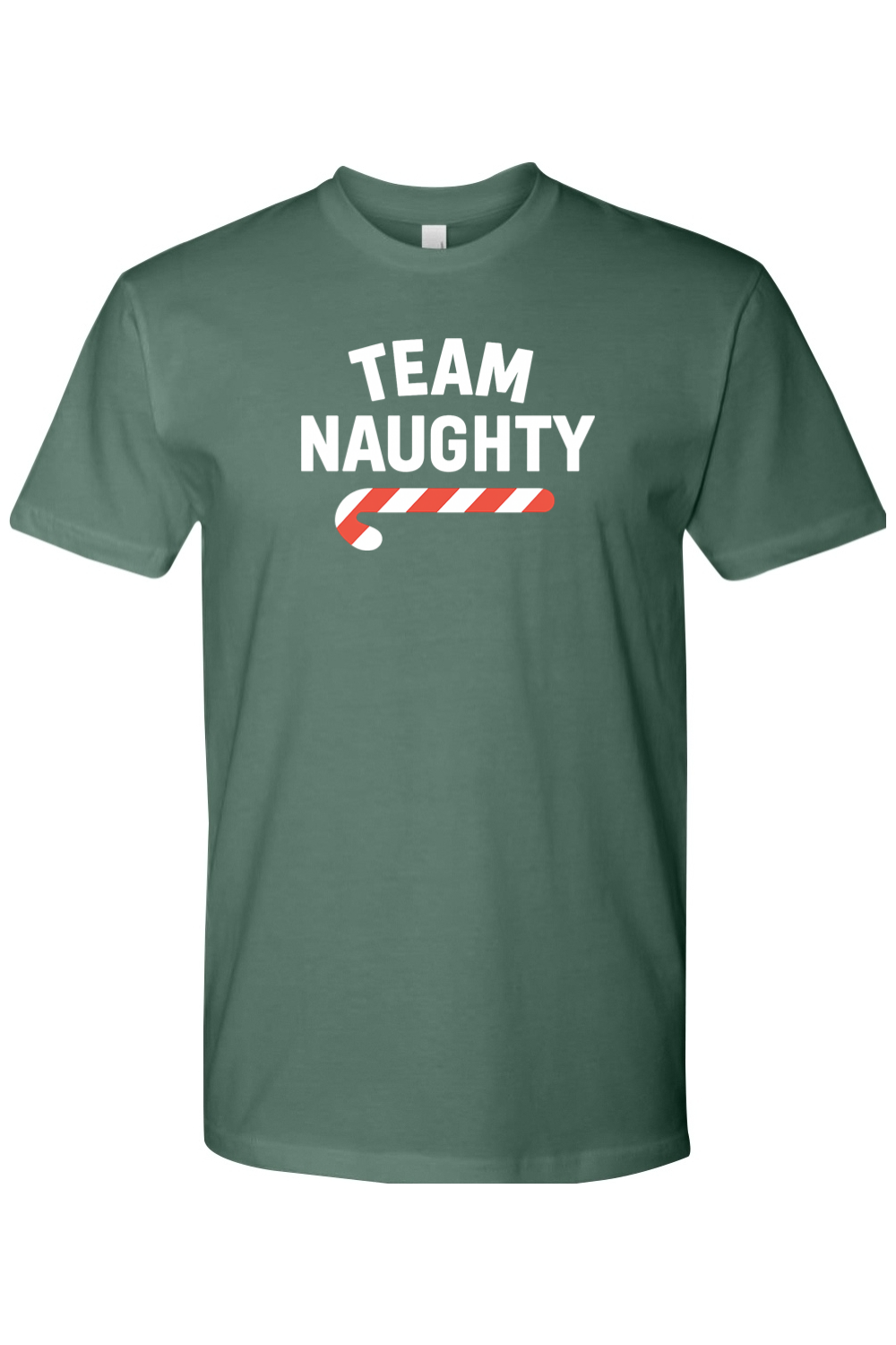 Pine green Christmas t-shirt with "Team Naughty" text in white with a candy cane design funny sarcastic humor holiday short sleeve shirt