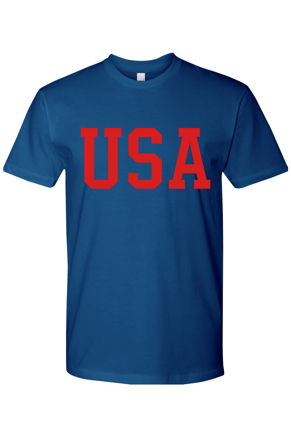 Blue t-shirt with 'USA' printed in red.