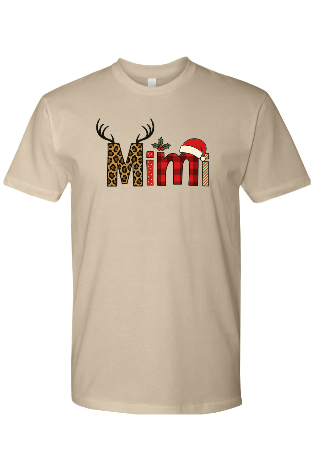 Sand cream Christmas t-shirt with "Mimi" text antler design and the letters filled with leopard print, plaid, polka dots, and stripes cute grandma festive holiday short sleeve shirt
