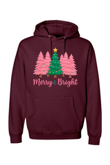 Maroon Christmas hoodie with pink and green Christmas trees design with text 