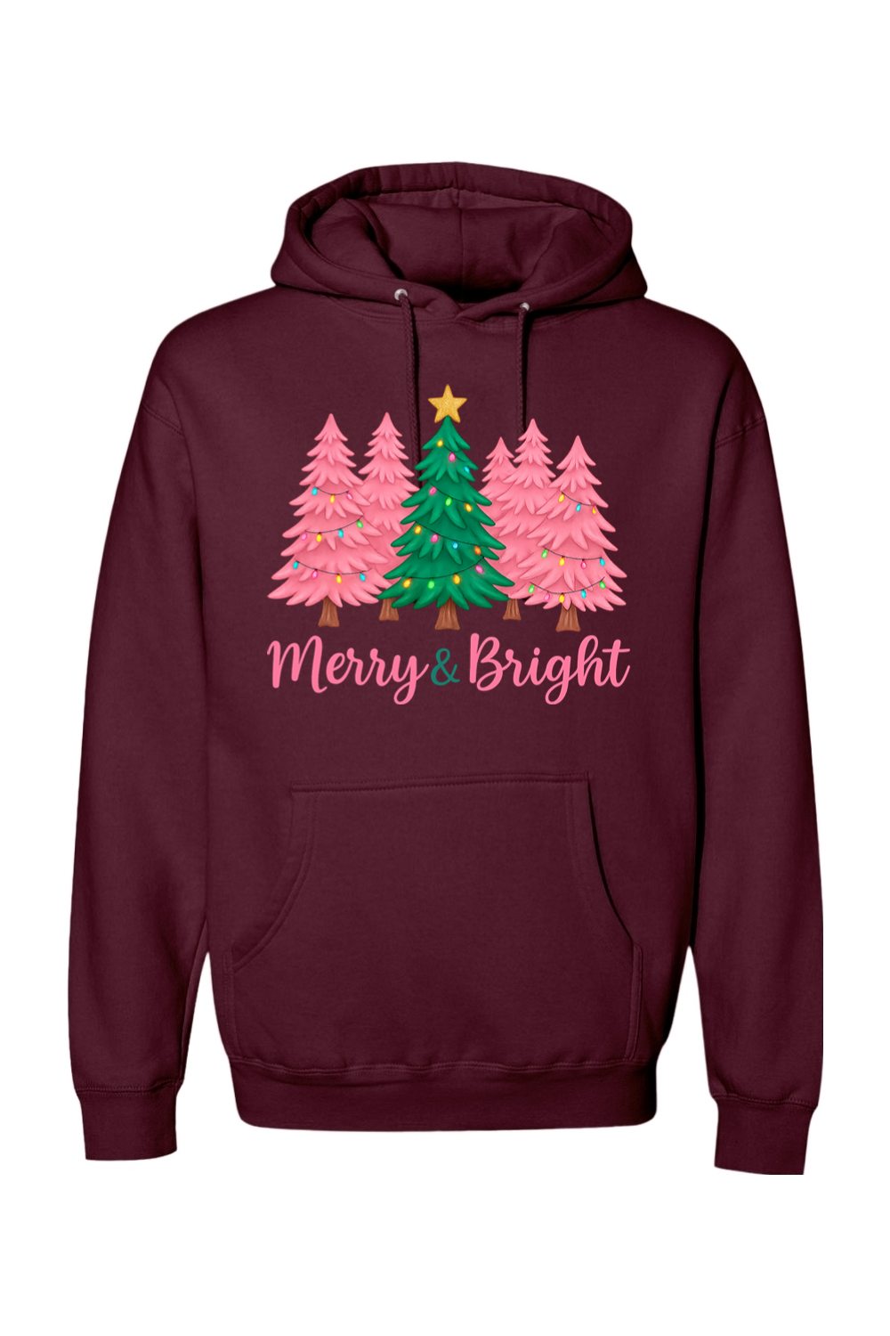 Maroon Christmas hoodie with pink and green Christmas trees design with text "Merry & Bright" cute trendy festive holiday long sleeve hooded sweatshirt