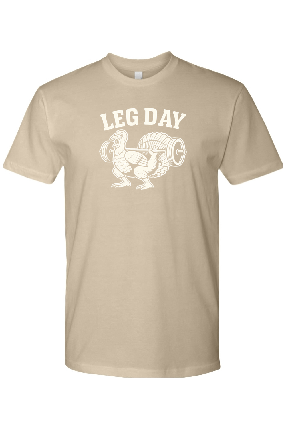 Sand beige Thanksgiving t-shirt with "Leg Day" text and a turkey doing a squat with a barbell design lifting weights funny gym humor fall short sleeve shirt