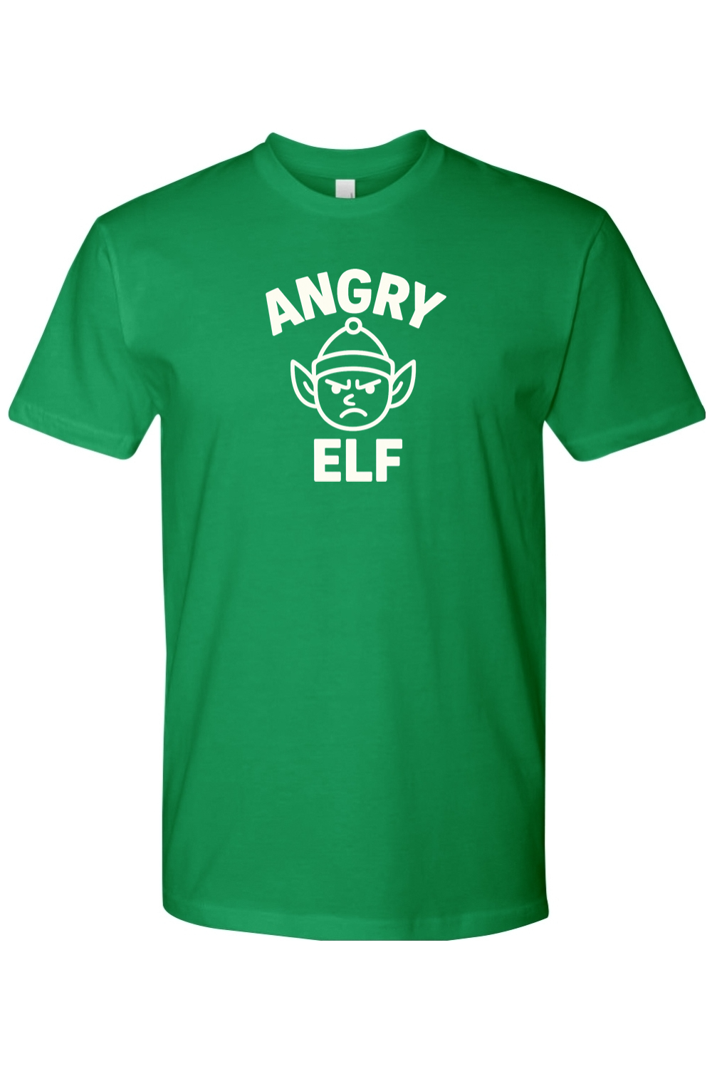 Green Christmas t-shirt with "Angry Elf' in white text with a minimal angry elf design funny sarcastic humor holiday short sleeve shirt