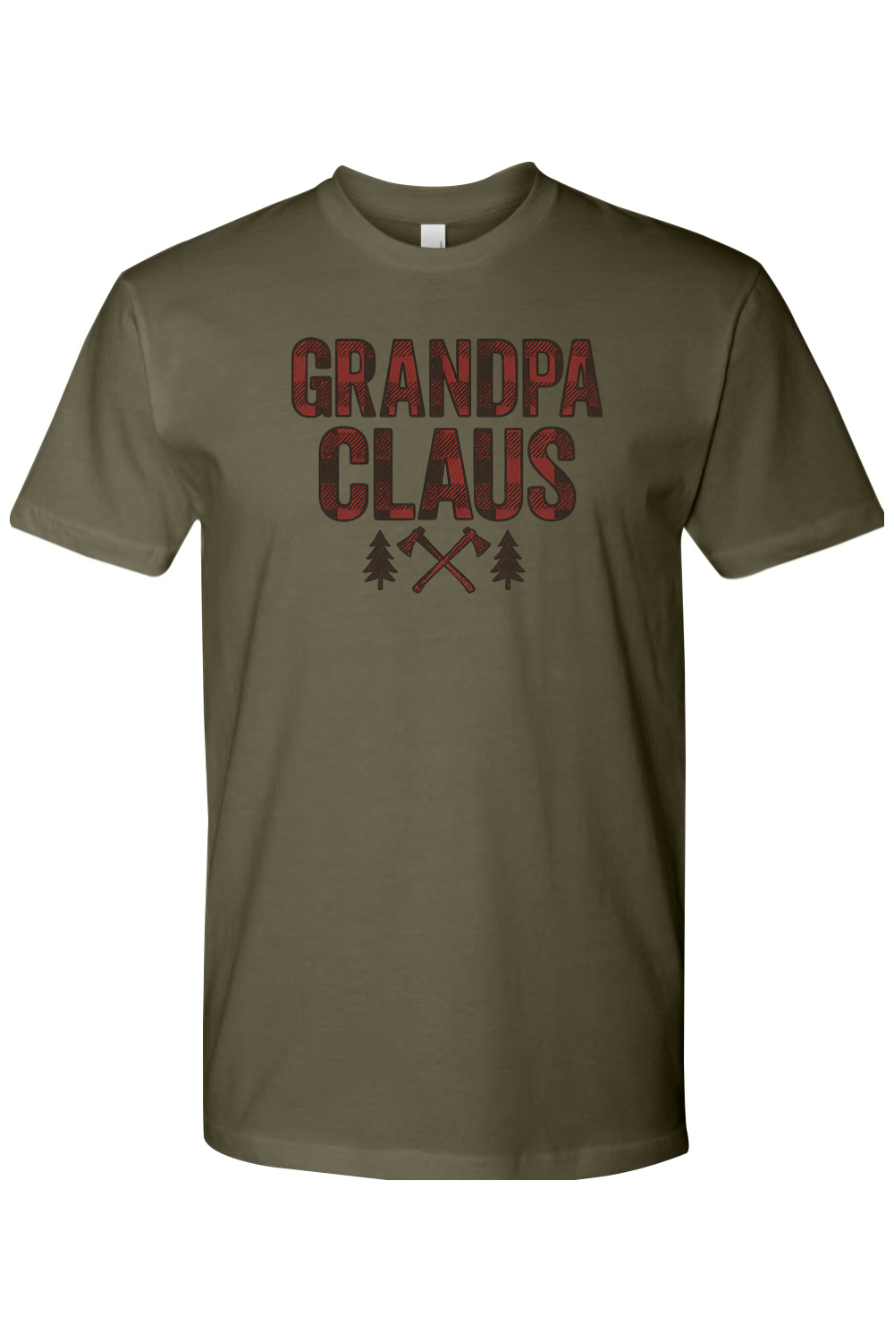 Olive green Christmas t-shirt with "Grandpa Claus" text in buffalo plaid with two axes and two trees design cool trendy grandpa grandparent holiday short sleeve shirt