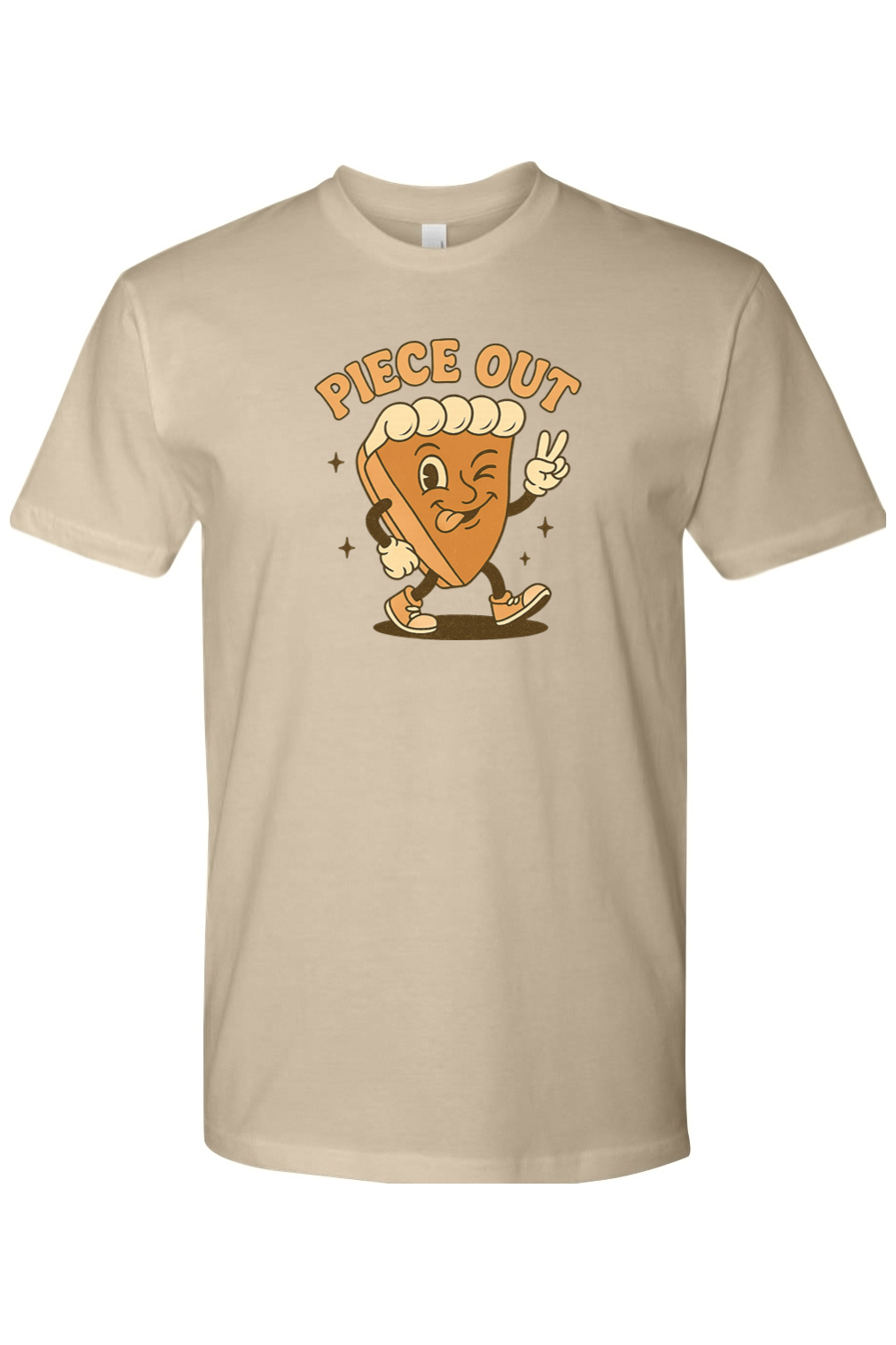 Dark sand beige Thanksgiving t-shirt with "Piece Out" text and a slice of pie winking and giving a peace sign cool retro trendy fall holiday short sleeve shirt