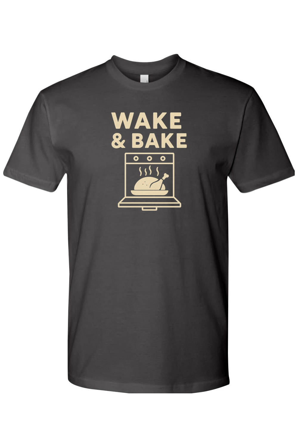 Dark Gray grey Thanksgiving t-shirt with "Wake & Bake" text and a turkey in an oven design funny sarcastic humor holiday fall short sleeve shirt