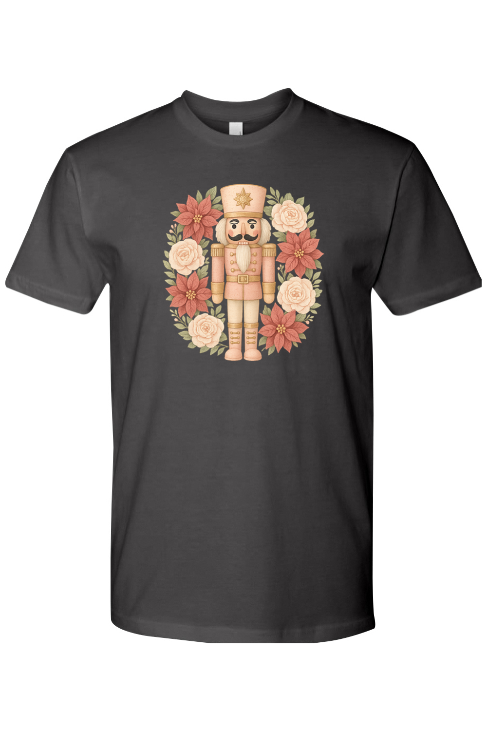 Dark gray Christmas t-shirt with a poinsettia nutcracker wreath design trendy cute holiday short sleeve shirt