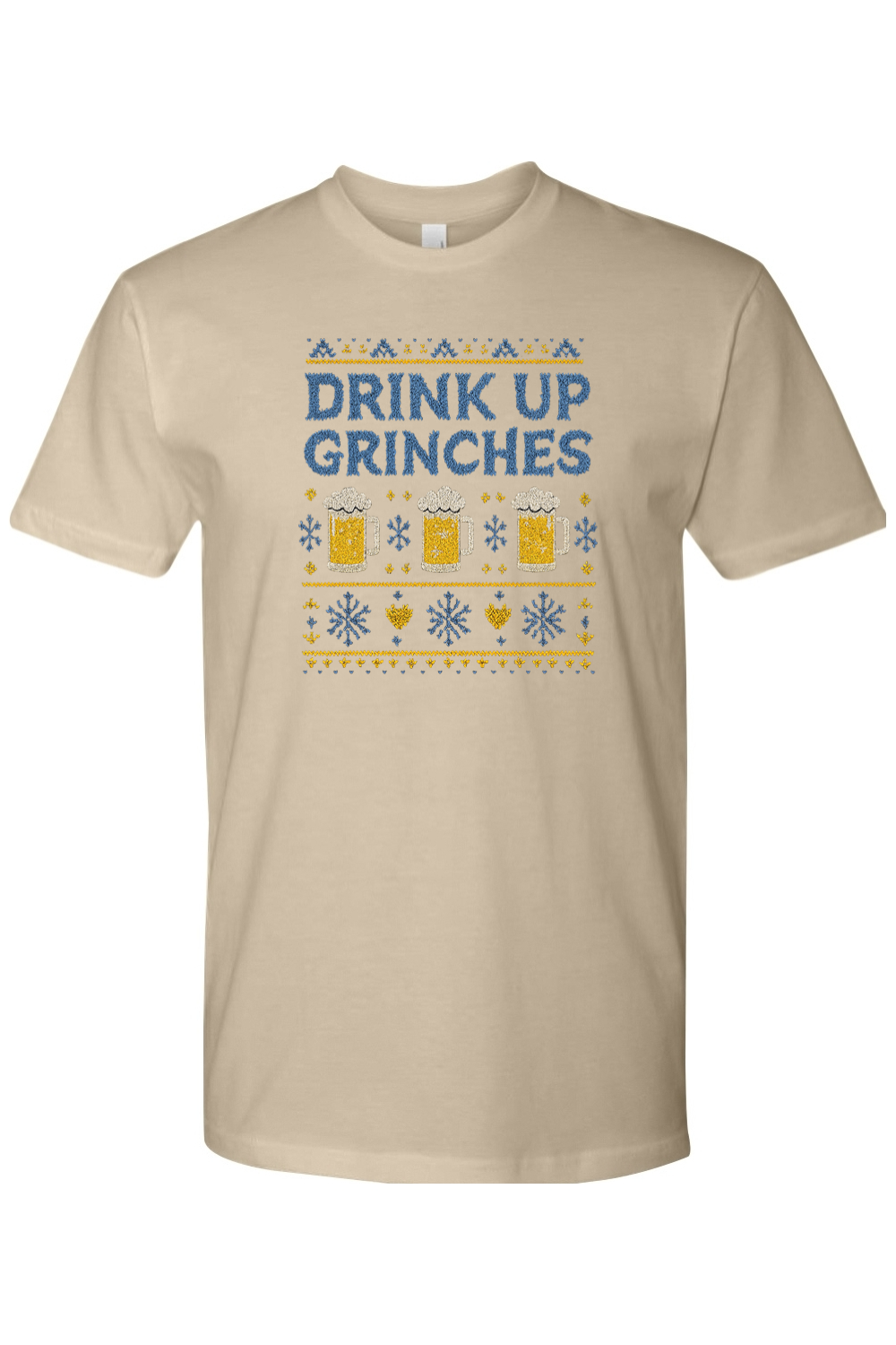 Dark beige Christmas t-shirt with "Drink Up Grinches" text with sweater pattern look with beer and snowflakes design funny holiday humor short sleeve shirt