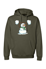 Olive green Christmas hoodie with a snowman lifting a snow barbell design funny gym humor winter holiday long sleeve hooded sweatshirt