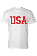 White t-shirt with 'USA' printed in red.