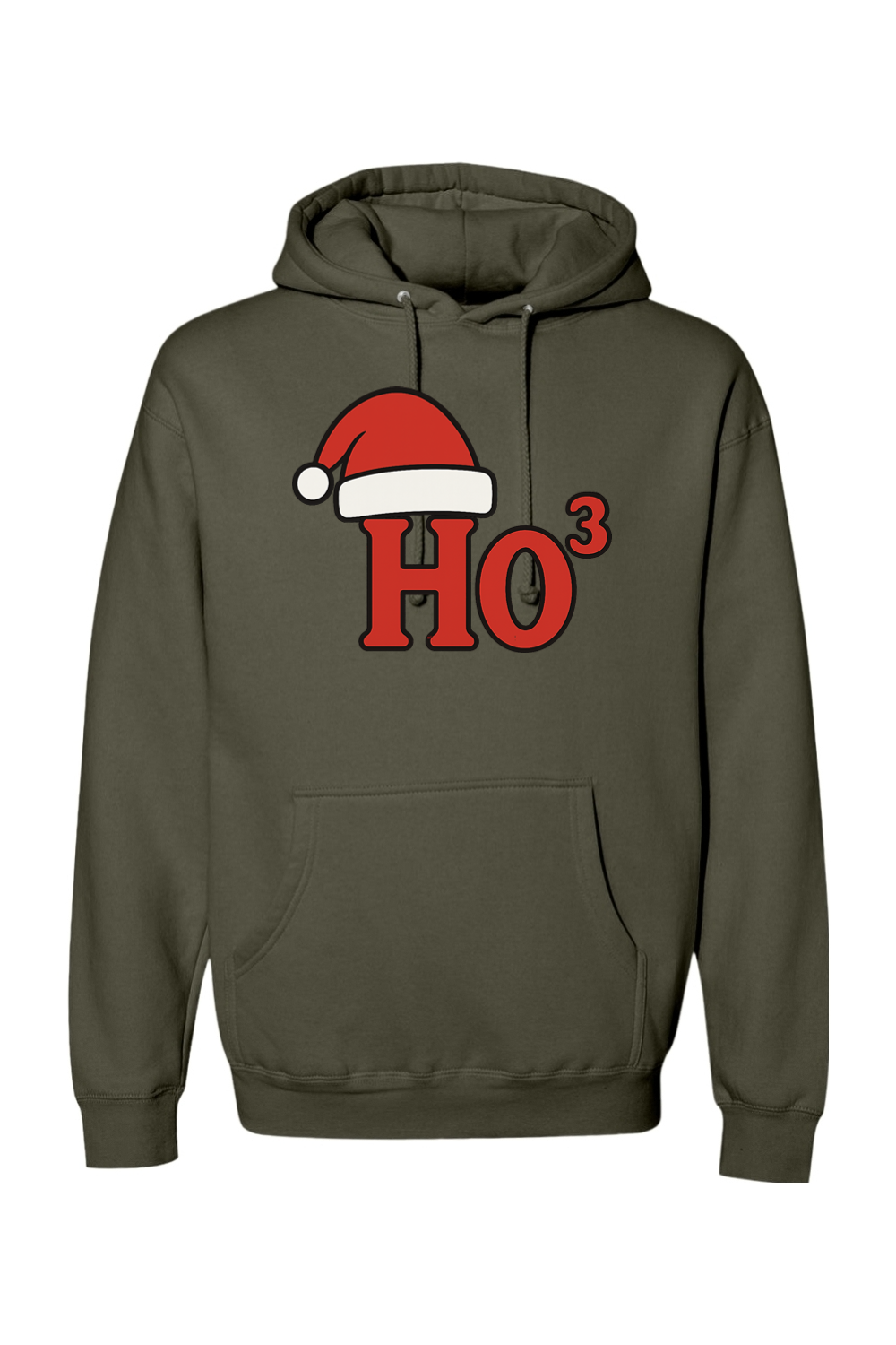 Olive green Christmas hoodie with "Ho³" text in red with a Santa hat design funny holiday humor long sleeve hooded sweatshirt