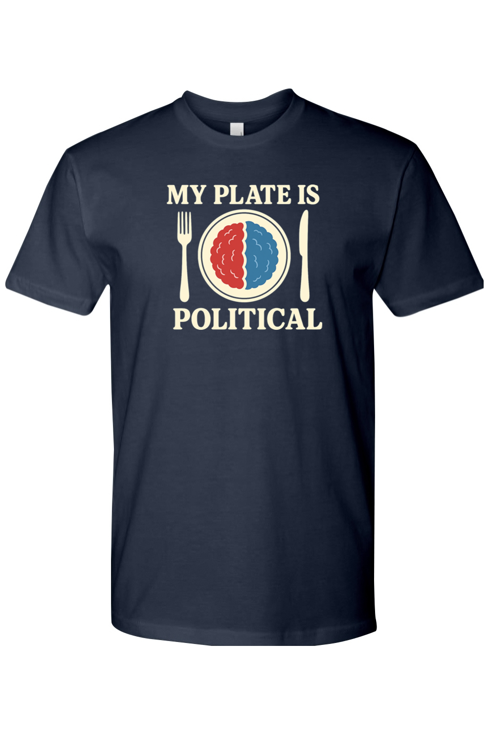 Navy blue Thanksgiving t-shirt with "My Plate is Political" text and a plate with red and blue mashed potatoes, fork, and knife design sarcastic funny political fall holiday short sleeve shirt
