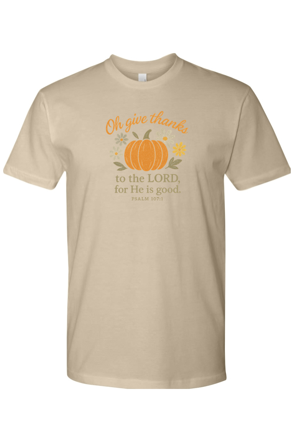 Dark beige Thanksgiving t-shirt with "Oh give thanks to the Lord, for He is good" Psalm 107:1 text with pumpkin and flower design cute trendy Jesus Christian fall short sleeve shirt