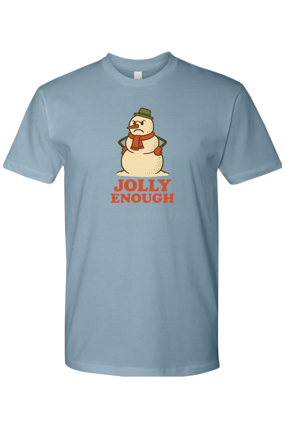 Blue vintage Christmas t-shirt with "Jolly Enough" text with a grumpy snowman design funny sarcastic holiday humor short sleeve shirt