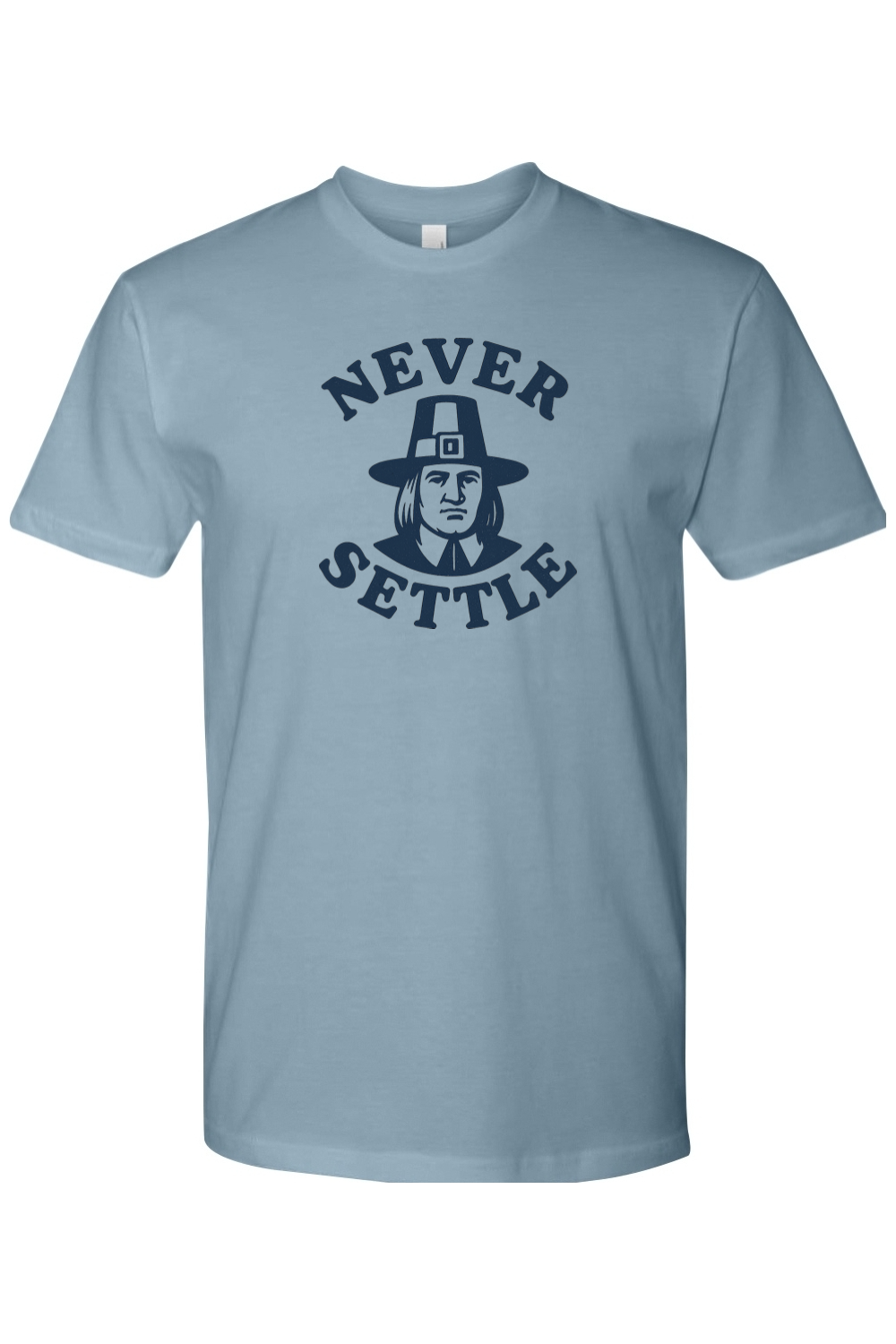Blue Thanksgiving t-shirt with "Never Settle" text and a pilgrim design funny sarcastic fall holiday short sleeve shirt