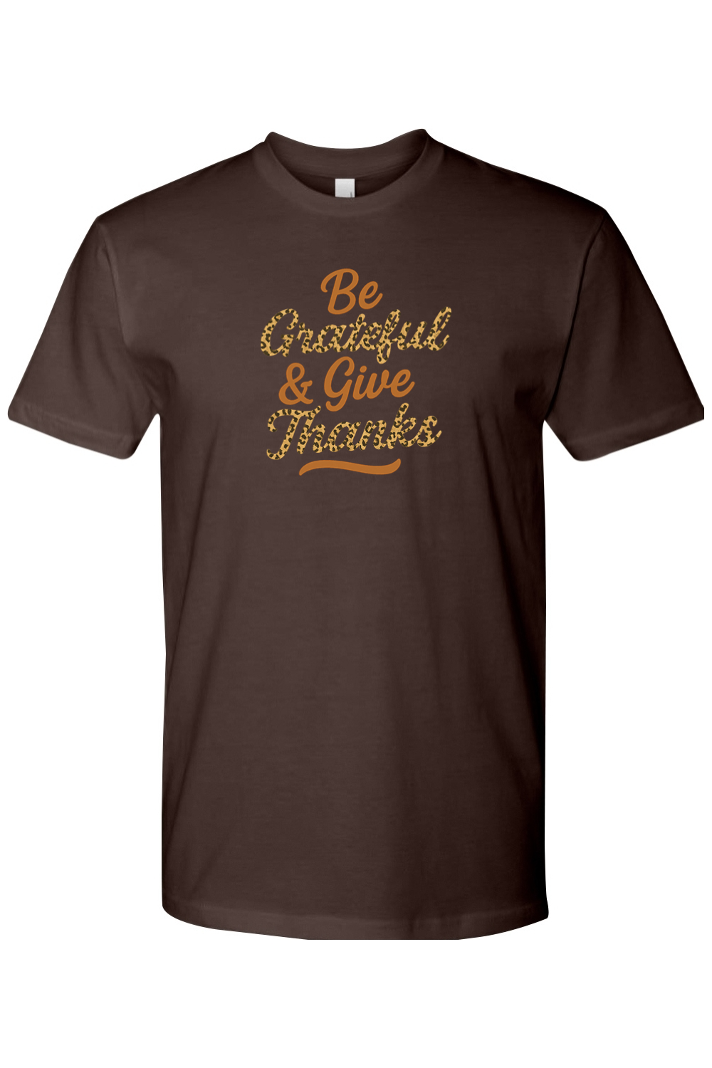 Brown Thanksgiving t-shirt with "Be Grateful & Give Thanks" text in leopard print with a wavy line design underneath cute trendy fall holiday short sleeve shirt