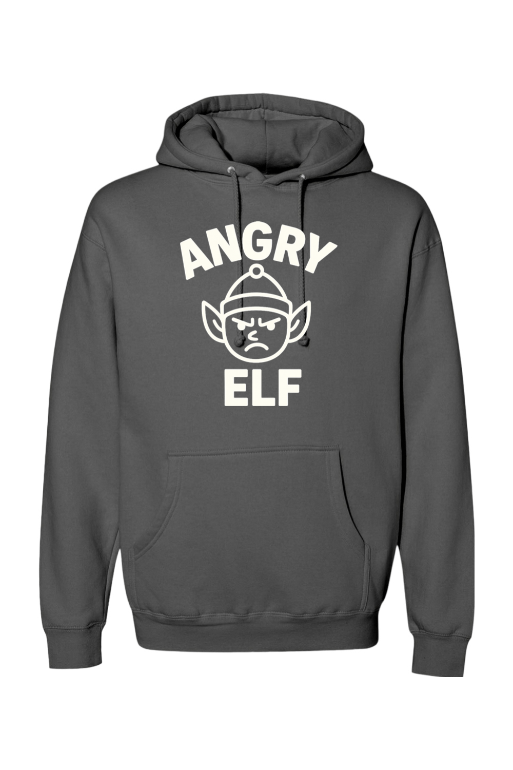 Dark gray Christmas hoodie with "Angry Elf' in white text with a minimal angry elf design funny sarcastic humor holiday long sleeve hooded sweatshirt
