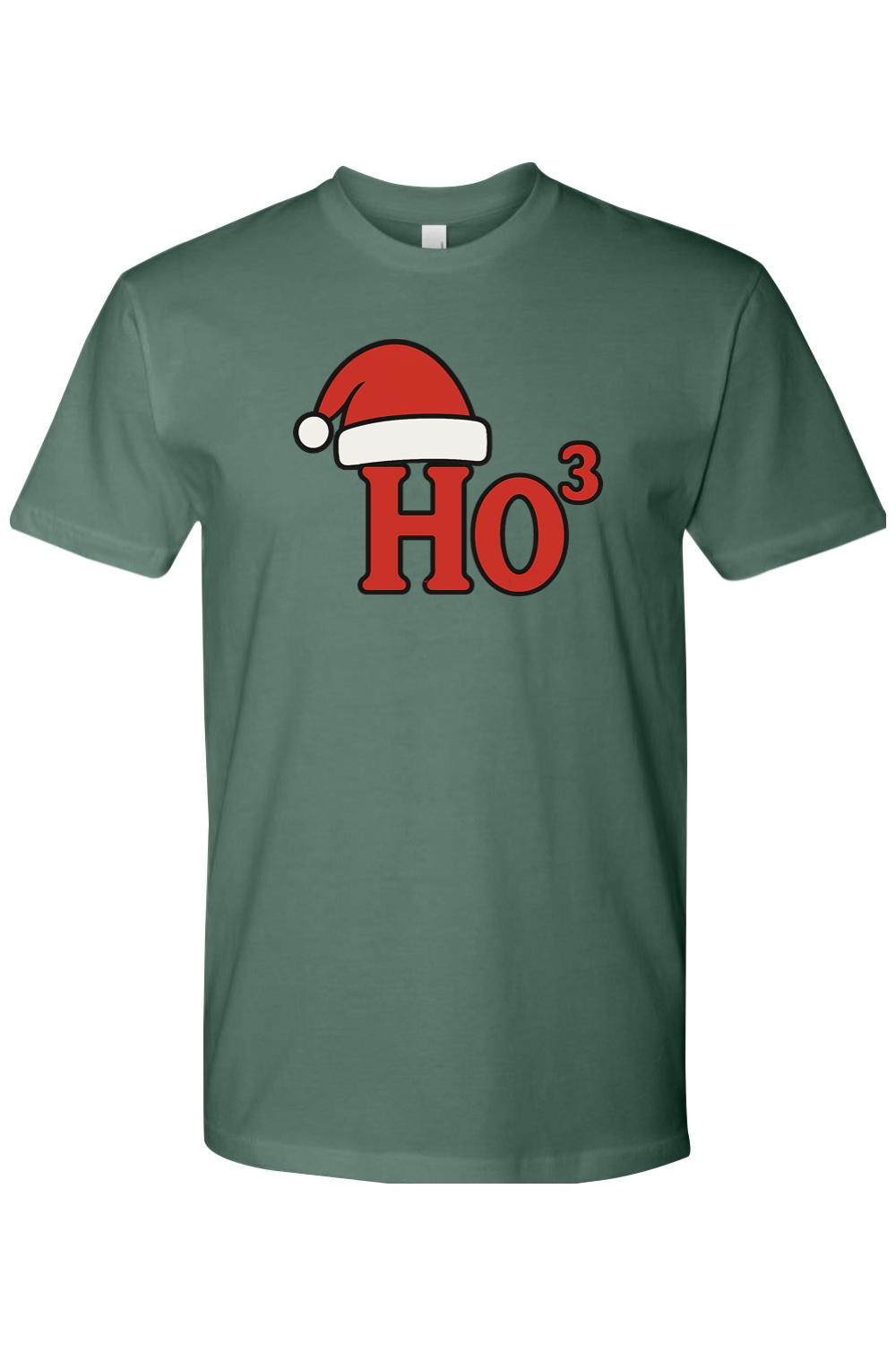 Pine green Christmas t-shirt with "Ho³" text in red with a Santa hat design funny holiday humor short sleeve shirt