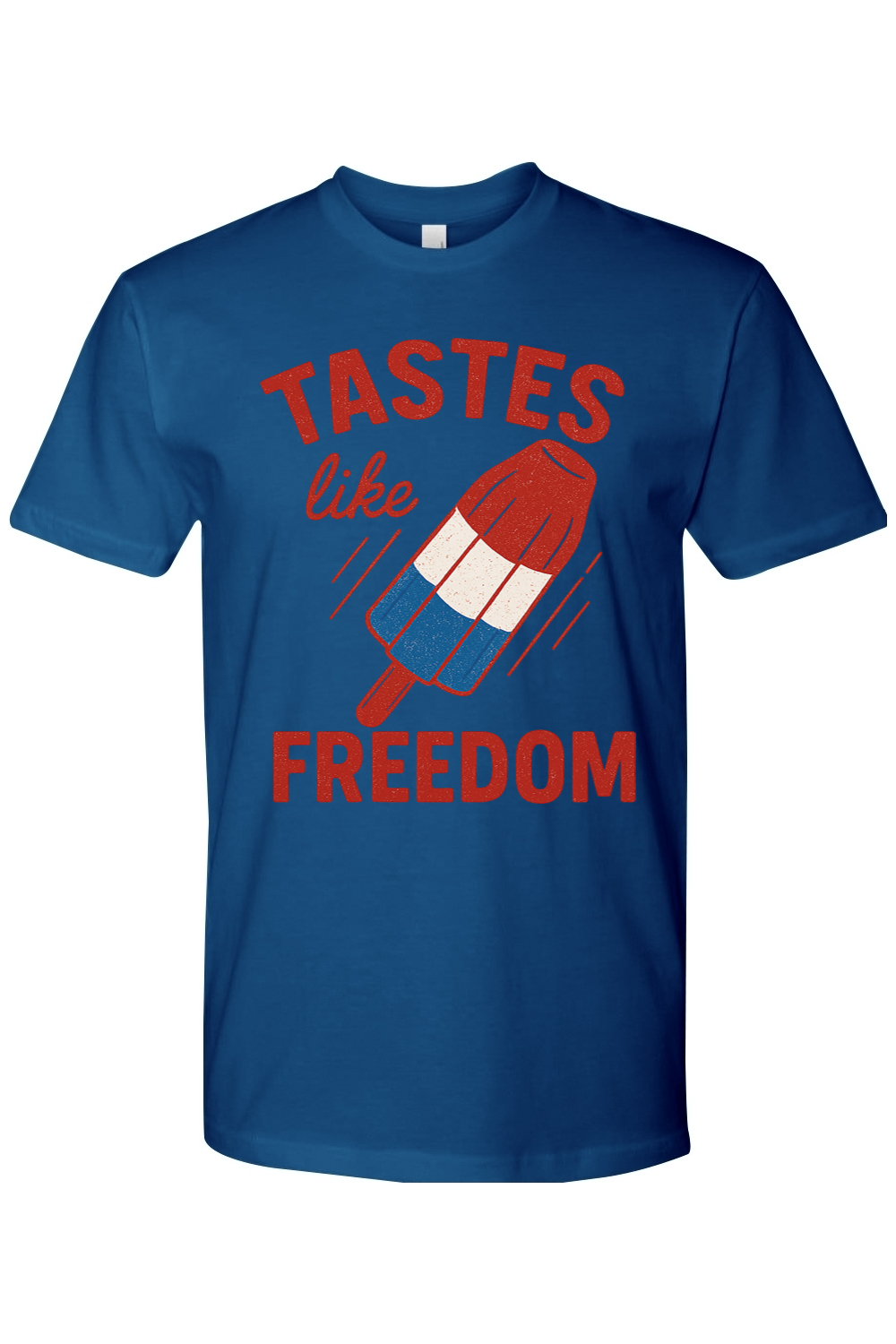 Blue t-shirt with a graphic of a Popsicle Firecracker Ice Pop and text 'Tastes like freedom'.