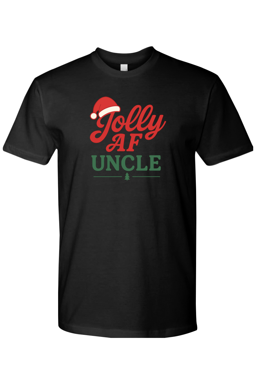 Black Christmas t-shirt with "Jolly AF Uncle" text with a Santa hat and Christmas tree design funny holiday humor short sleeve shirt