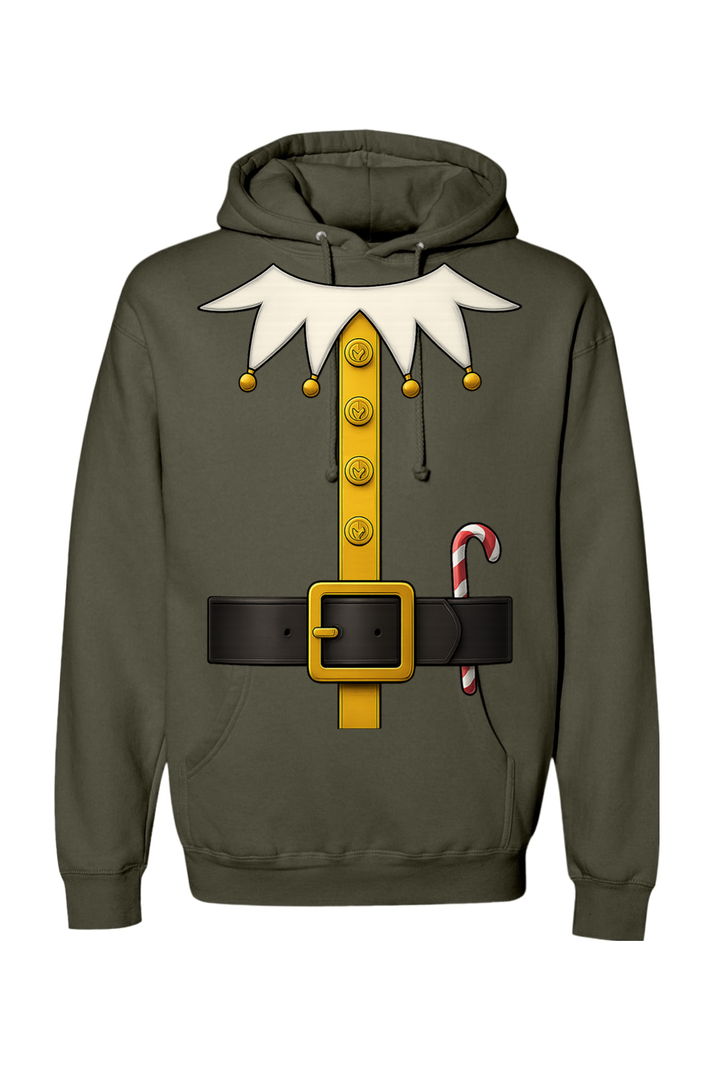 Olive green Christmas hoodie with an elf costume design funny festive holiday long sleeve hooded sweatshirt