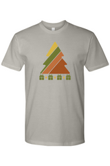 Gray vintage Christmas t-shirt with a retro striped Christmas tree and presents underneath design cool trendy holiday short sleeve shirt
