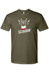 Olive Military Green t-shirt with rock hand Santa Sleighin' funny Christmas holiday short sleeve T-Shirt
