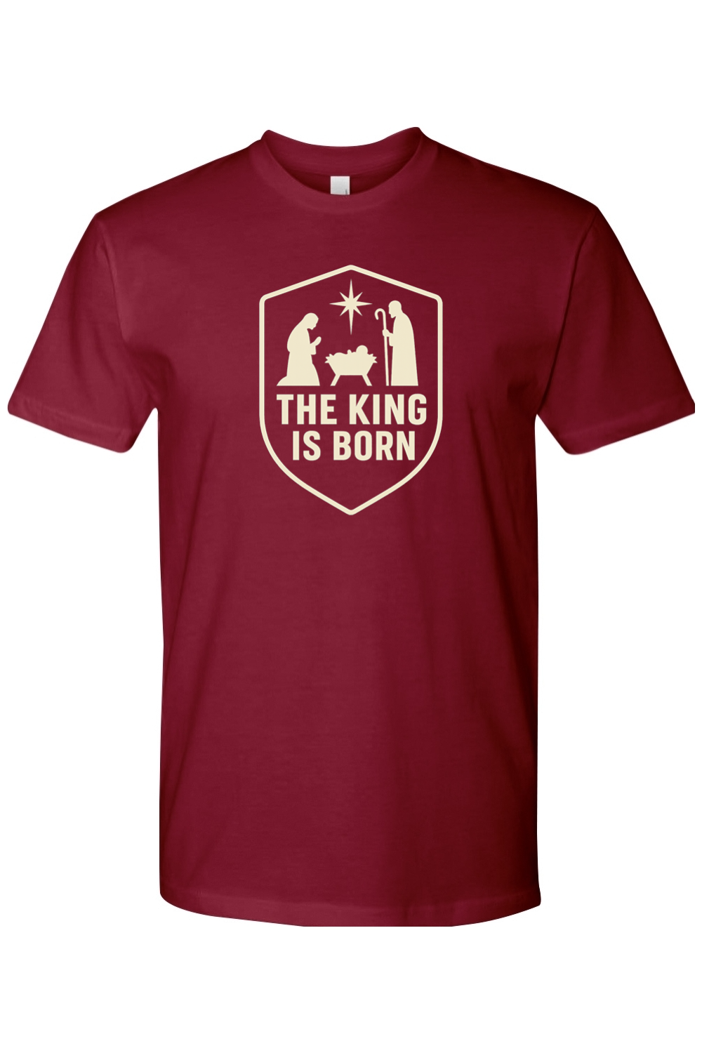 Burgundy religious Christmas t-shirt with "The King is Born" text and Mary and Joseph next to Jesus in the manger and star design God Christian holiday short sleeve shirt