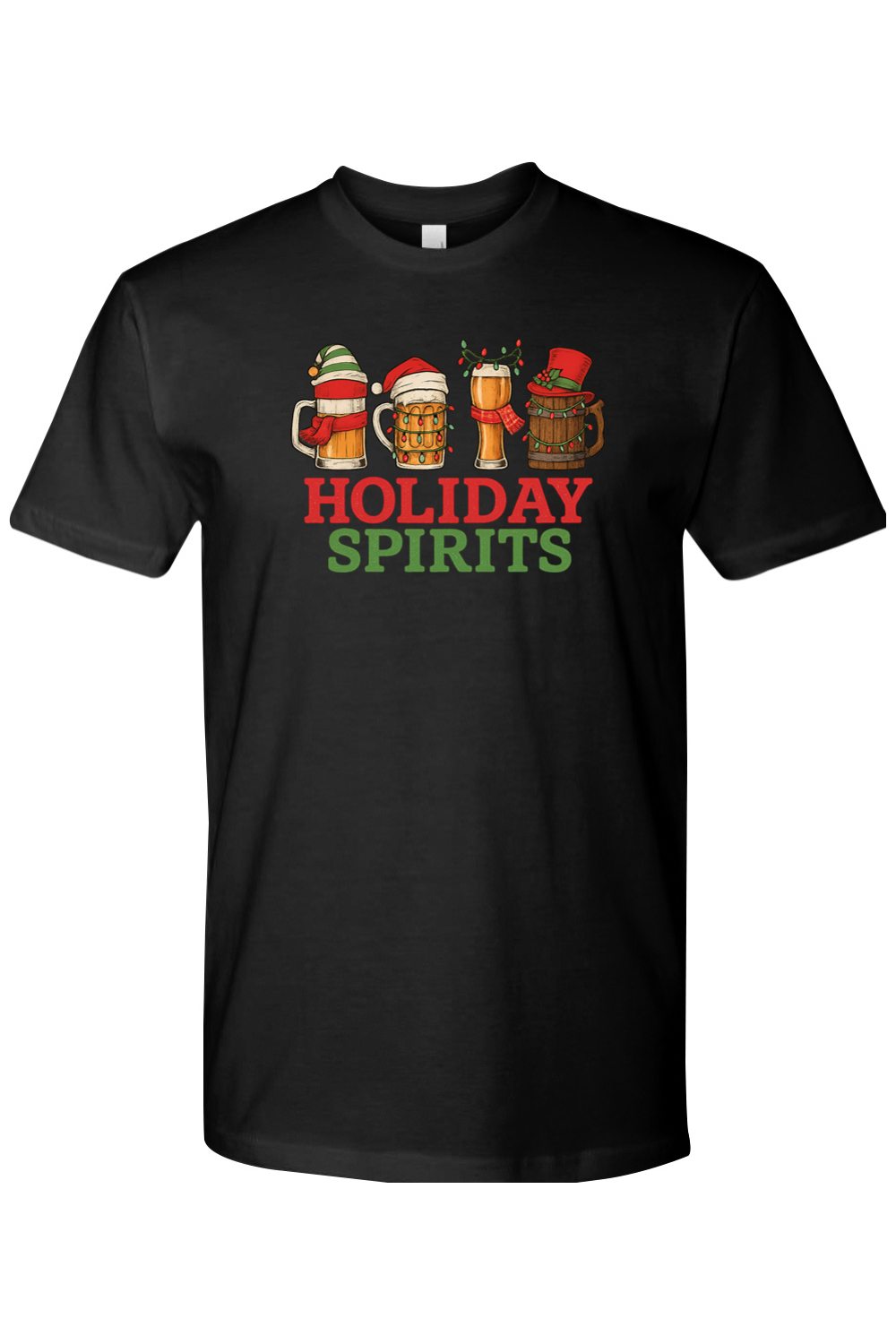 Black funny Christmas beer t-shirt text Holiday Spirits with beer mug design 