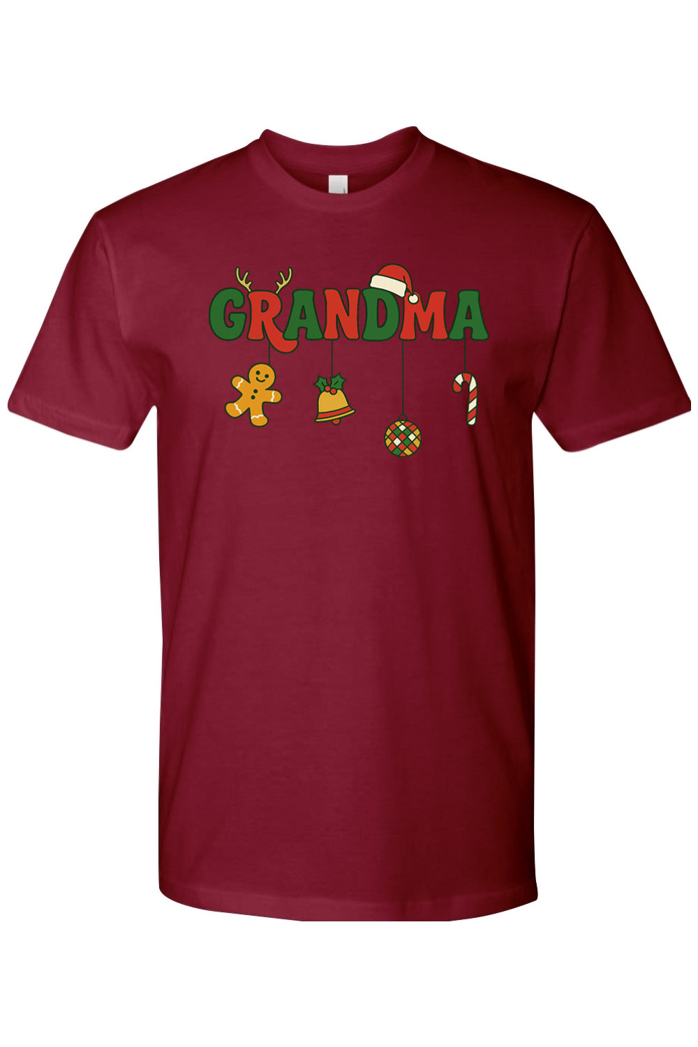 Burgundy Christmas t-shirt with "Grandma" text with gingerbread, bell, disco ball, and candy cane ornaments hanging off the letters cute festive grandma grandmother holiday short sleeves shirt