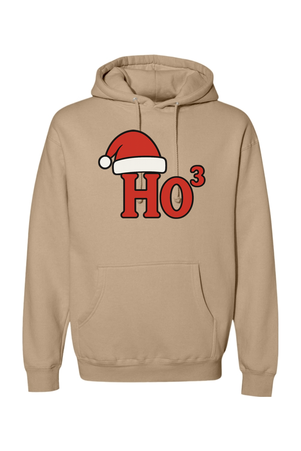 Dark beige Christmas hoodie with "Ho³" text in red with a Santa hat design funny holiday humor long sleeve hooded sweatshirt