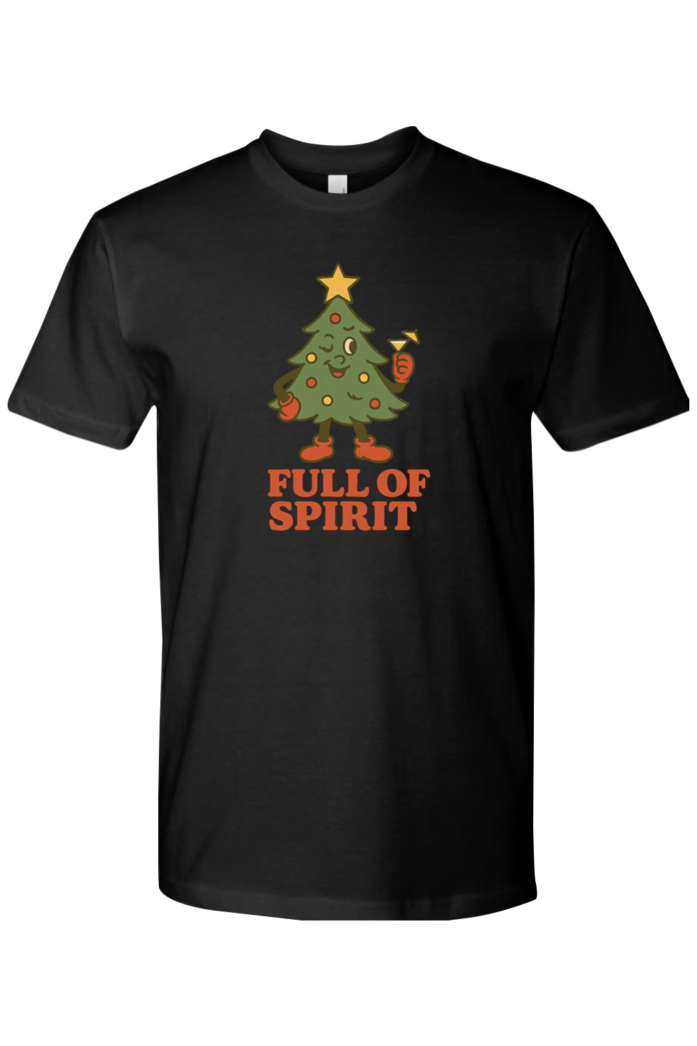 Black vintage Christmas t-shirt with "Full of Spirit" text with a Christmas tree holding a cocktail funny cute holiday humor short sleeve shirt
