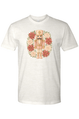 Light cream Christmas t-shirt with a poinsettia nutcracker wreath design trendy cute holiday short sleeve shirt