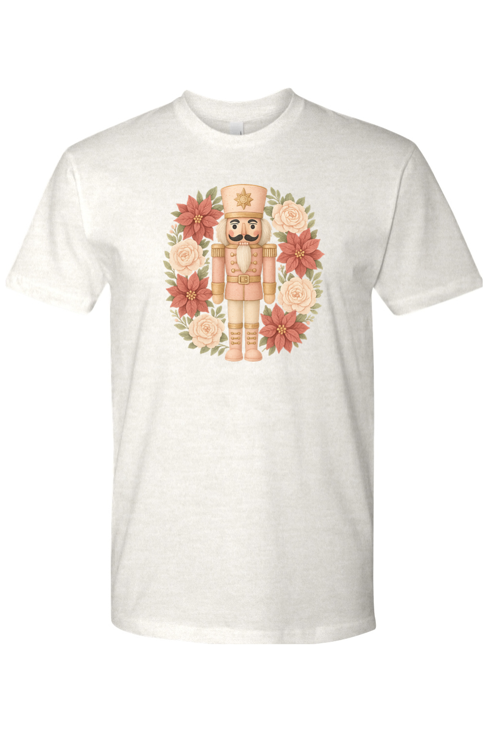 Light cream Christmas t-shirt with a poinsettia nutcracker wreath design trendy cute holiday short sleeve shirt