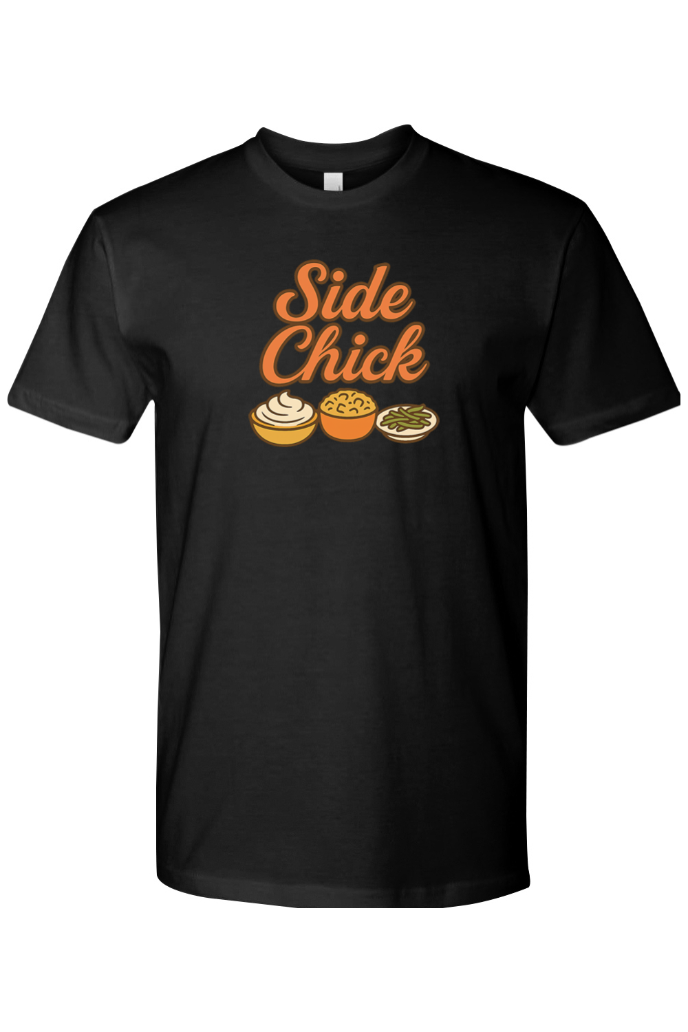 Black Thanksgiving t-shirt with "Side Chick" text and mashed potatoes, stuffing, and green beans design funny sarcastic girly fall holiday short sleeve shirt