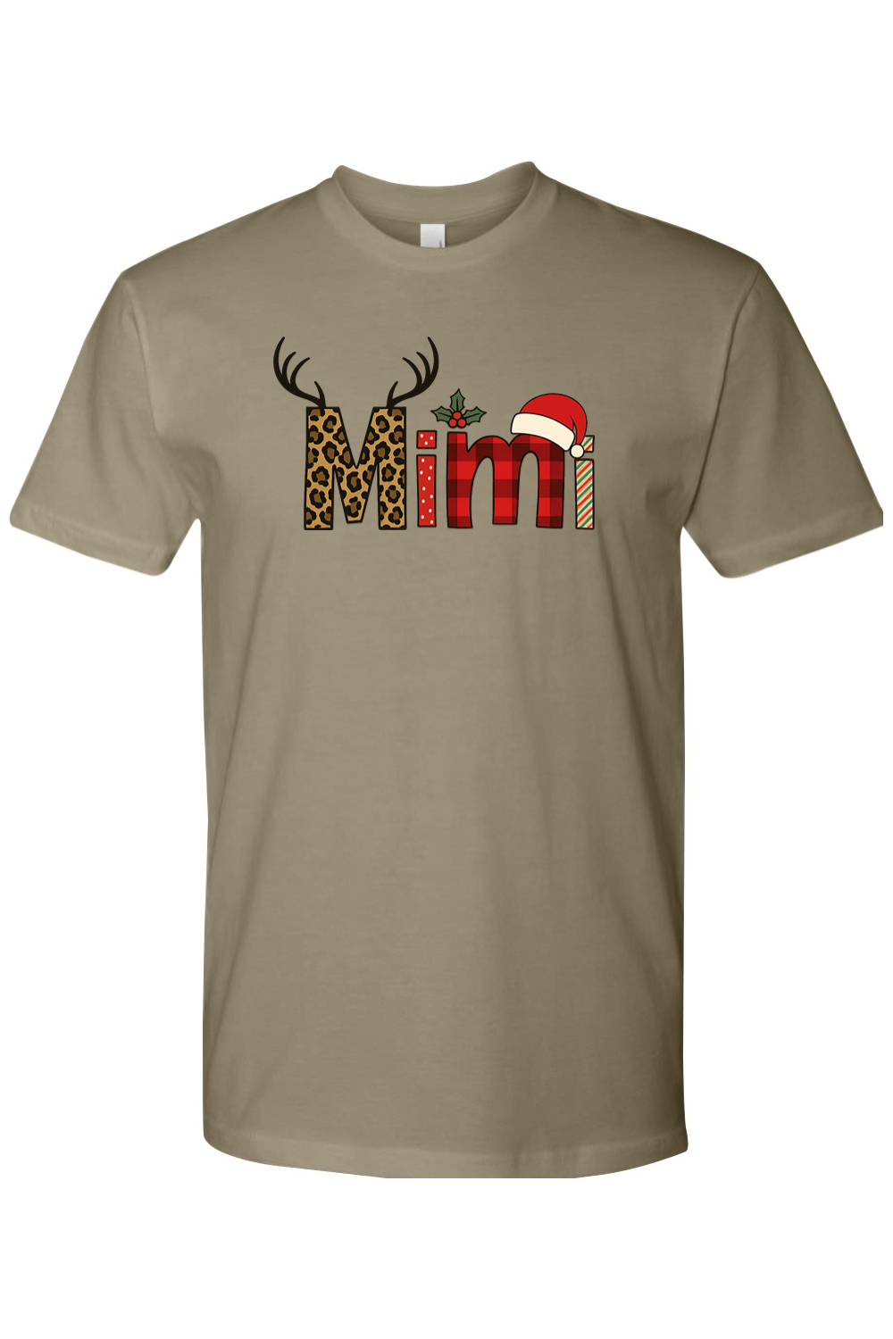 Light olive green Christmas t-shirt with "Mimi" text antler design and the letters filled with leopard print, plaid, polka dots, and stripes cute grandma festive holiday short sleeve shirt