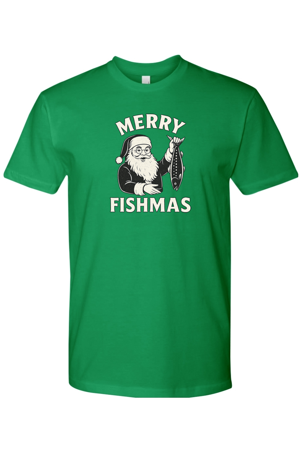 Green Christmas t-shirt with "Merry Fishmas" text with Santa holding a fish design funny fishing holiday festive short sleeve shirt