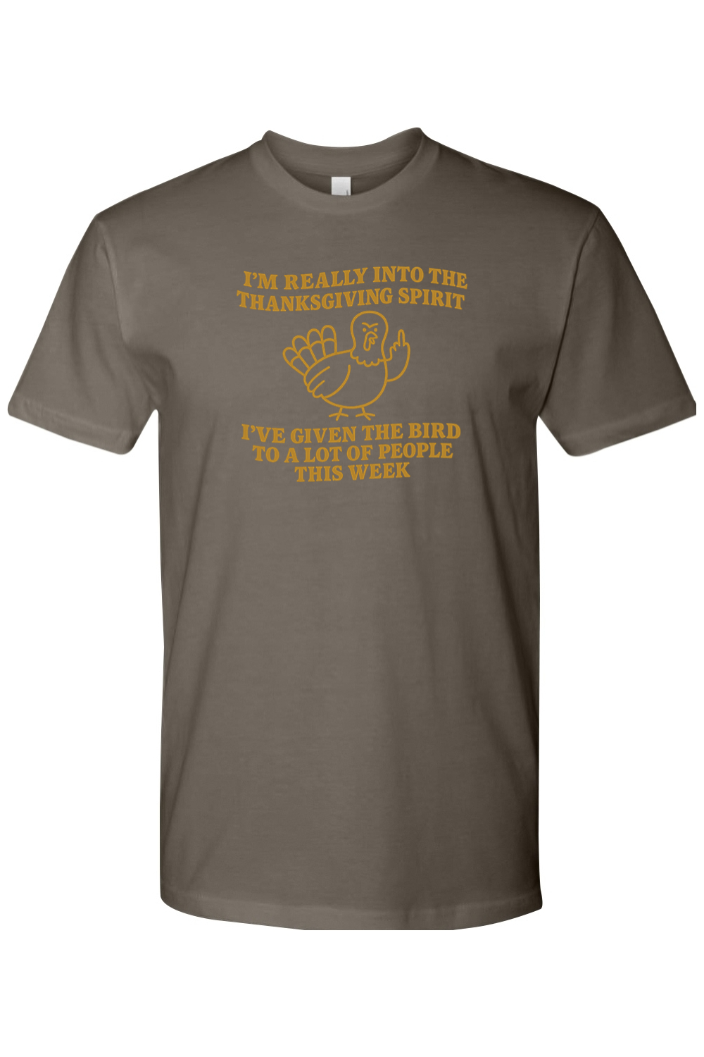 Gray grey Thanksgiving t-shirt with "I'm Really Into The Holiday Spirit I've Given The Bird To A Lot Of People This Week" text and an angry looking turkey design funny sarcastic edgy fall holiday short sleeve shirt