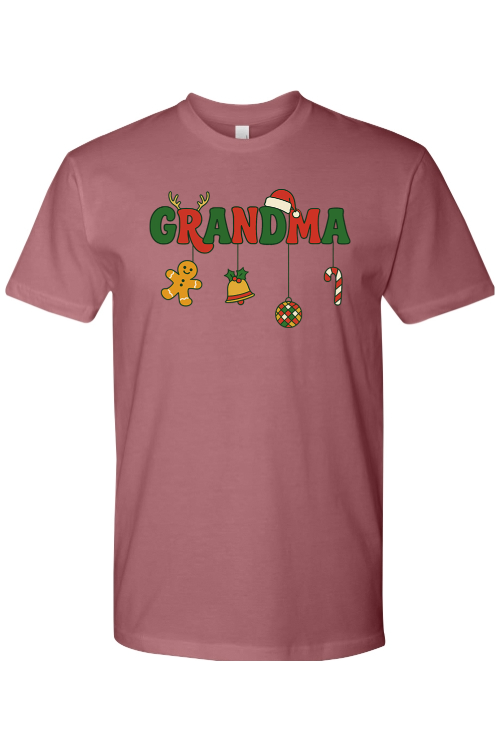 Mauve dark pink Christmas t-shirt with "Grandma" text with gingerbread, bell, disco ball, and candy cane ornaments hanging off the letters cute festive grandma grandmother holiday short sleeves shirt