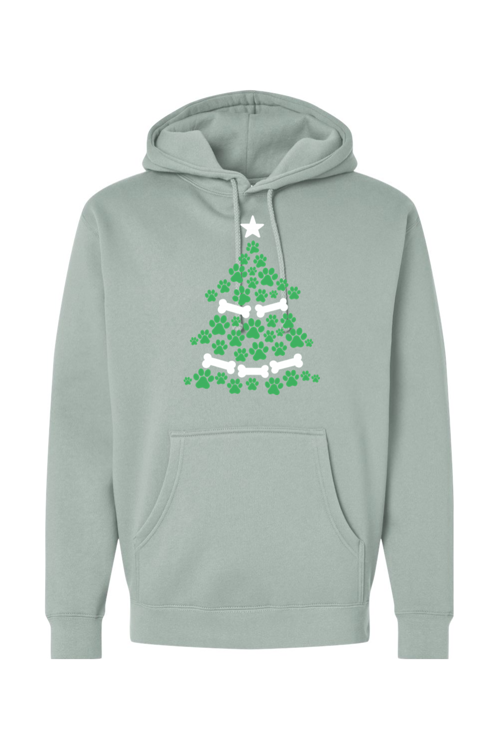 Light green Christmas hoodie with a Christmas tree design made out of paw prints and bones cute dog pet animal lover long sleeve hooded sweatshirt