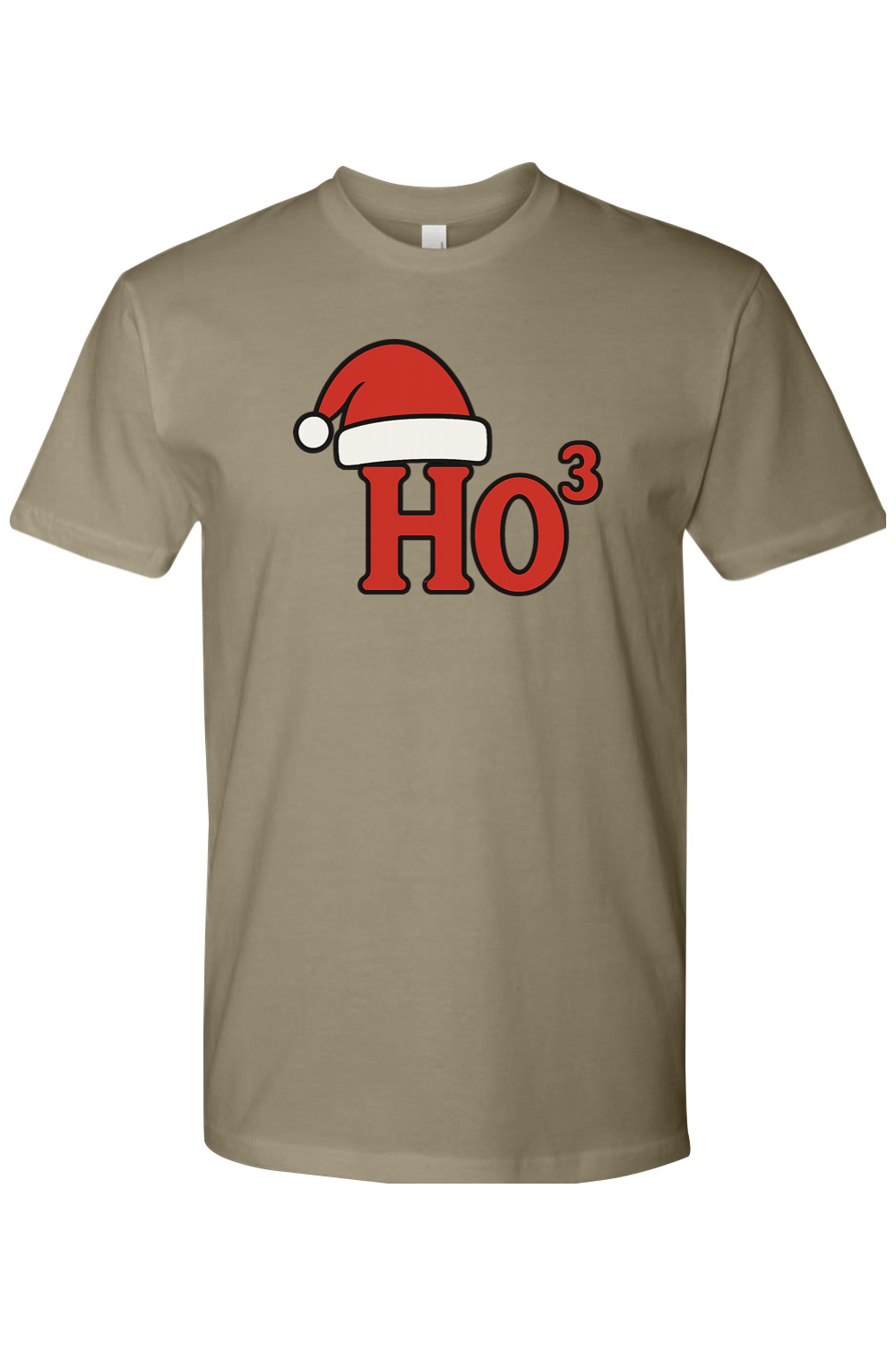 Light olive green Christmas t-shirt with "Ho³" text in red with a Santa hat design funny holiday humor short sleeve shirt