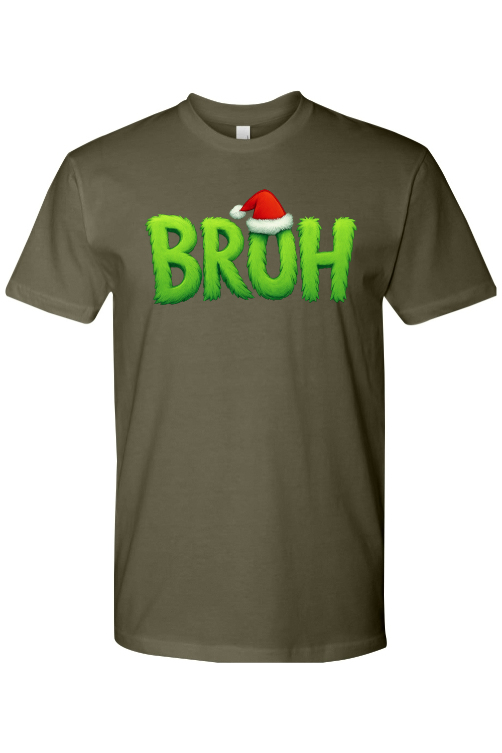 Olive green Christmas t-shirt with "BRUH" text with a Santa hat design funny holiday humor short sleeve shirt